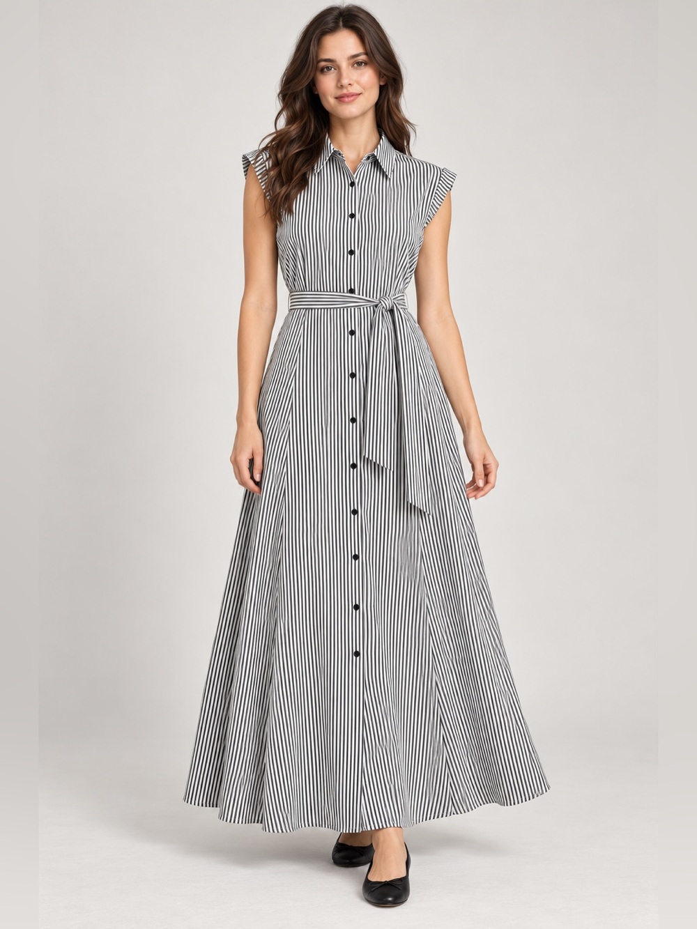 Calvin Klein NWT Women’s Size 10 Black White Stripe Belted Maxi Collared Dress